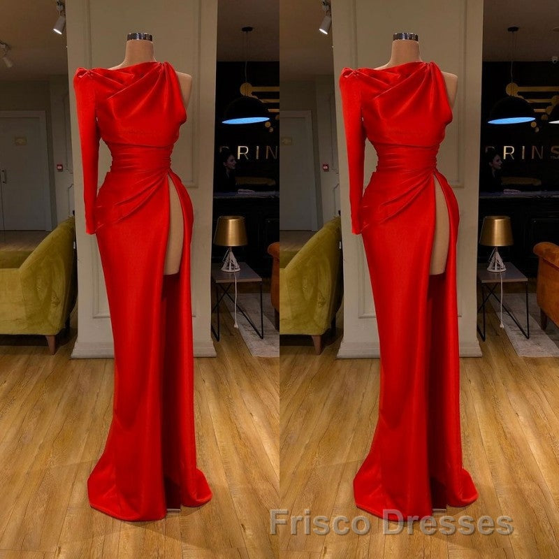 One-shoulder Long sleeves High-split Soft pleated Red Formal Prom Dress