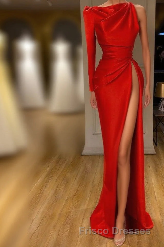 One-shoulder Long sleeves High-split Soft pleated Red Formal Prom Dress Main image
