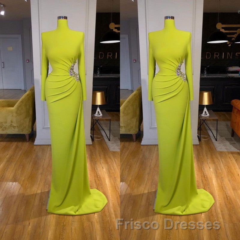 Ginger yellow High-neck Long-sleeves Metallic Beaded Mermaid Formal Prom Dress