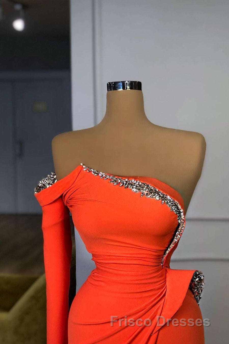 Long sleeves Strapless Orange Sequined Long Formal Prom Dress Secondary image