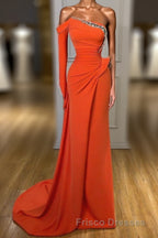 Long sleeves Strapless Orange Sequined Long Formal Prom Dress