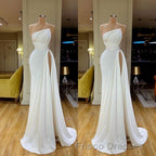 Strapless Creamy White High-split Pleated Long Formal Prom Dress