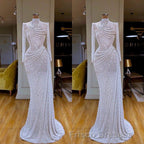 Sparkle White Sequin Long sleeves Pleated Long Formal Prom Dress