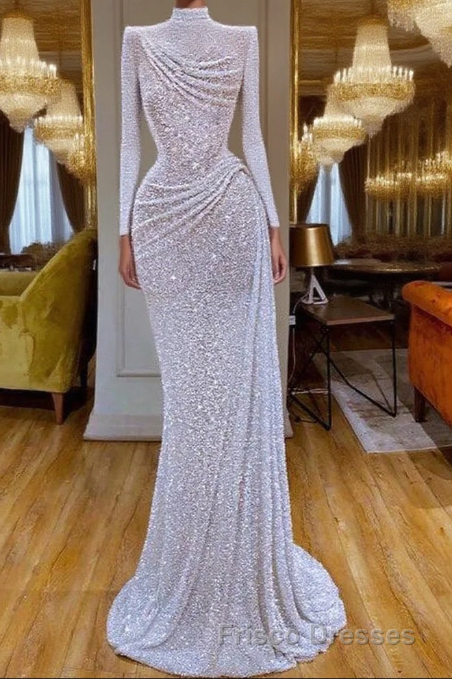 Sparkle White Sequin Long sleeves Pleated Long Formal Prom Dress Main image