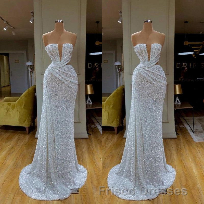 Plunging V-neck Sparkle White Sequined Strapless Formal Prom Dress Secondary image