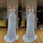 Plunging V-neck Sparkle White Sequined Strapless Formal Prom Dress