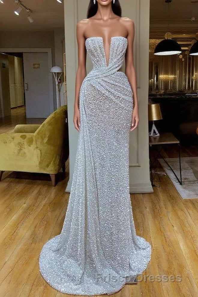 Plunging V-neck Sparkle White Sequined Strapless Formal Prom Dress Main image