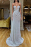 Plunging V-neck Sparkle White Sequined Strapless Formal Prom Dress