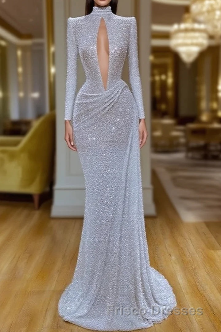 Stunning Long Sleeve High Neck Sequins Formal Prom Dress Mermaid Long