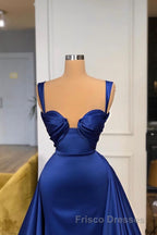 Chic Royal Blue Straps Sweetheart Formal Prom Dress Overskirt With Detachable Train