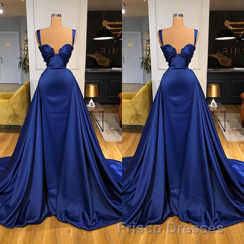 Chic Royal Blue Straps Sweetheart Formal Prom Dress Overskirt With Detachable Train