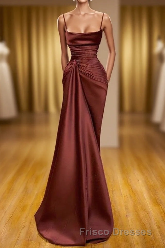 Burgundy Spaghetti-Straps Mermaid Ruffles Formal Prom Dress Long Main image