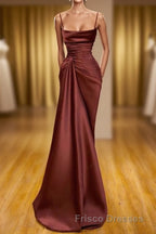 Burgundy Spaghetti-Straps Mermaid Ruffles Formal Prom Dress Long
