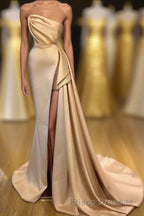 Designer Long Champagne Formal Prom Dress Side Split Evening Party Gowns