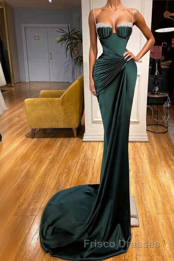 Gorgeous Dark Green Spaghetti-Straps Mermaid Formal Prom Dress With Beadings