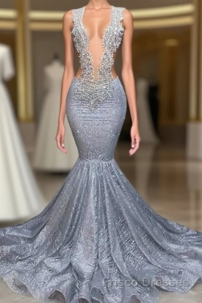 Silver Sequins Mermaid Formal Prom Dresses Long With Beads