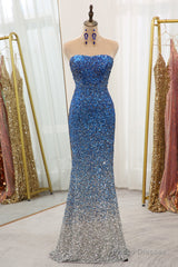 Sparkly Ombre Blue Mermaid Strapless Long Sequin Prom Dress