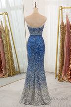 Sparkly Ombre Blue Mermaid Strapless Long Sequin Formal Prom Dress
