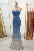 Sparkly Ombre Blue Mermaid Strapless Long Sequin Formal Prom Dress