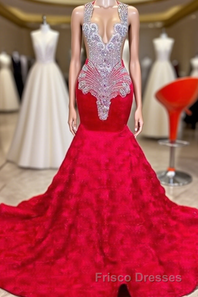 Charming Long Mermaid Jewel Satin Beading Formal Prom Dress Red Formal Prom Gowns