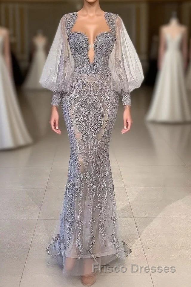 Charming Long Mermaid Sweetheart Tulle Lace Evening Dress with Puffy Sleeves Main image