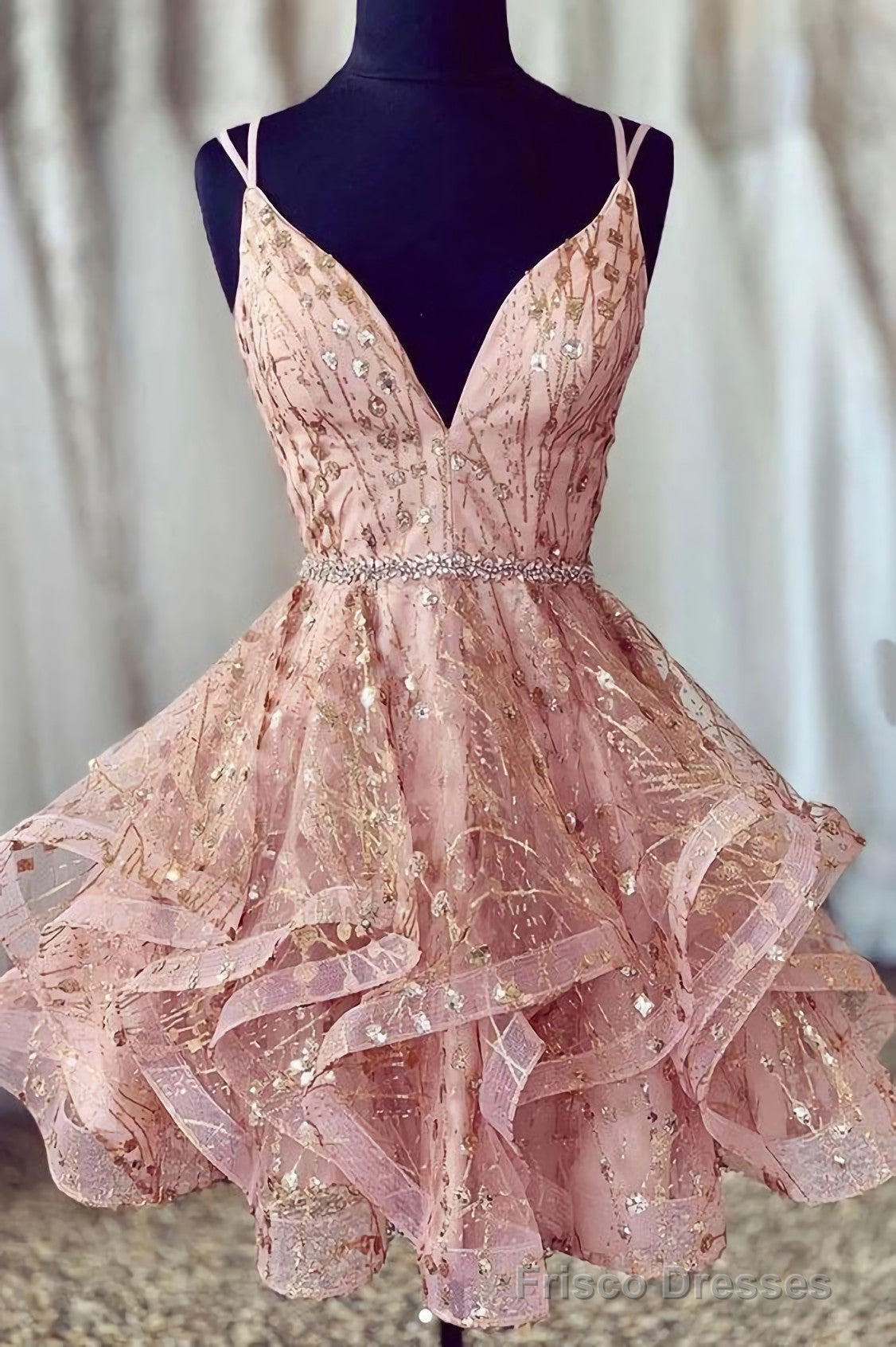 Cheap A Line Spaghetti Straps Lace Up V Neck Pink Homecoming Dresses, With Sequins