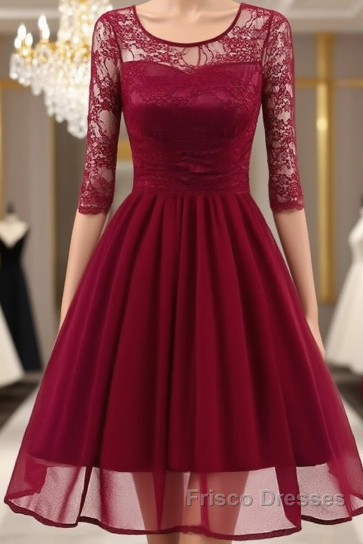 Classy Short Vintage Maroon Formal Prom Dress with Sleeves Main image