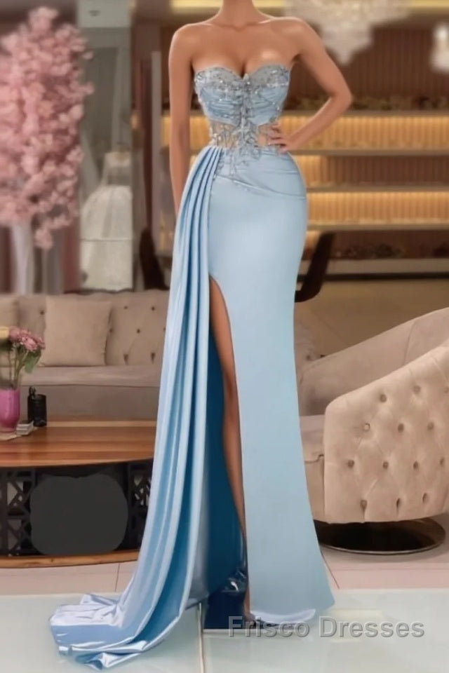 Column Slit Front Long Sweetheart Strapless Sleeveless Sky Blue Ruffle Stain Evening Dresses with Beadings Main image
