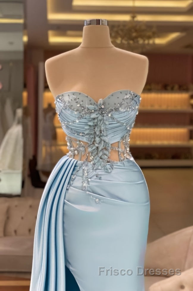 Column Slit Front Long Sweetheart Strapless Sleeveless Sky Blue Ruffle Stain Evening Dresses with Beadings Secondary image