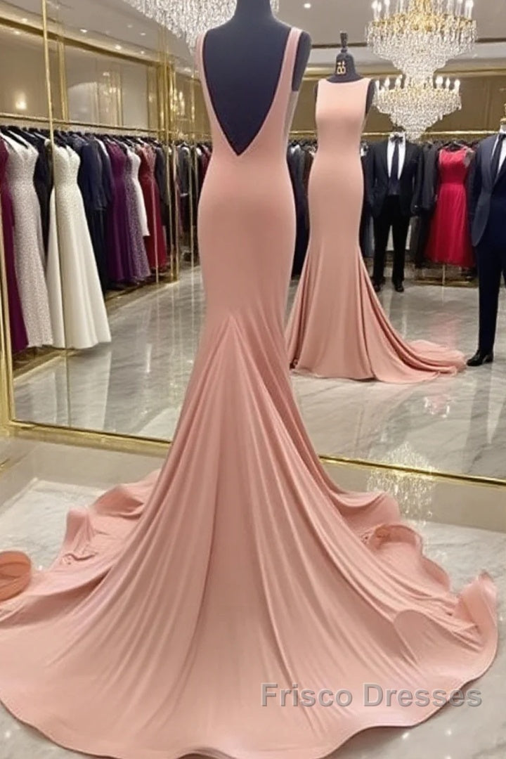 Coral Low Back Bateau Neck Modest Formal Prom Dress with Sweep Train