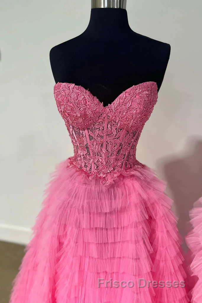 Cute Sweetheart Lace Appliques Tulle Long Formal Prom Dress