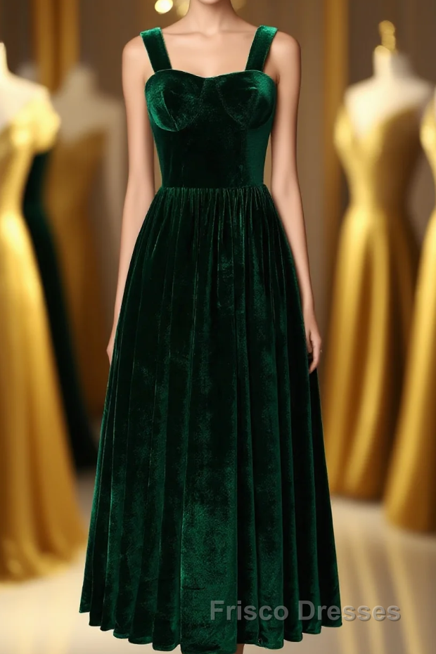 Straps Dark Green Velvet Dress Main image