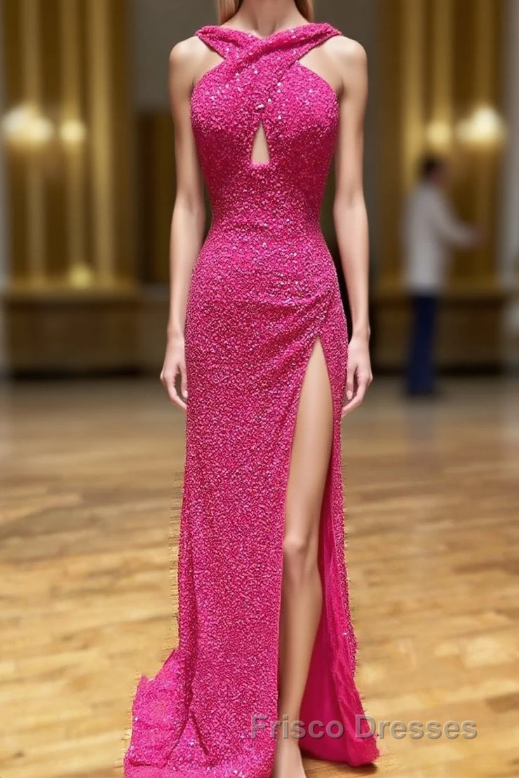 Cross Front Hot Pink Sequins Mermaid Long Formal Prom Dress Main image