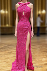 Cross Front Hot Pink Sequins Mermaid Long Formal Prom Dress