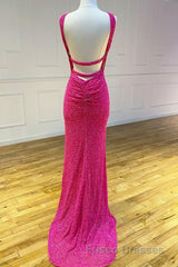 Cross Front Hot Pink Sequins Mermaid Long Formal Prom Dress