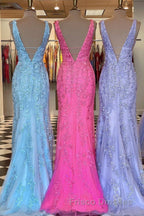 Plunge V Neck Lace Appliques Long Formal Prom Dress