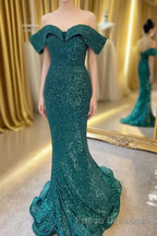 Off the Shoulder Burgundy Sequins Mermaid Long Formal Prom Dress
