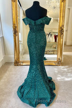Off the Shoulder Burgundy Sequins Mermaid Long Formal Prom Dress