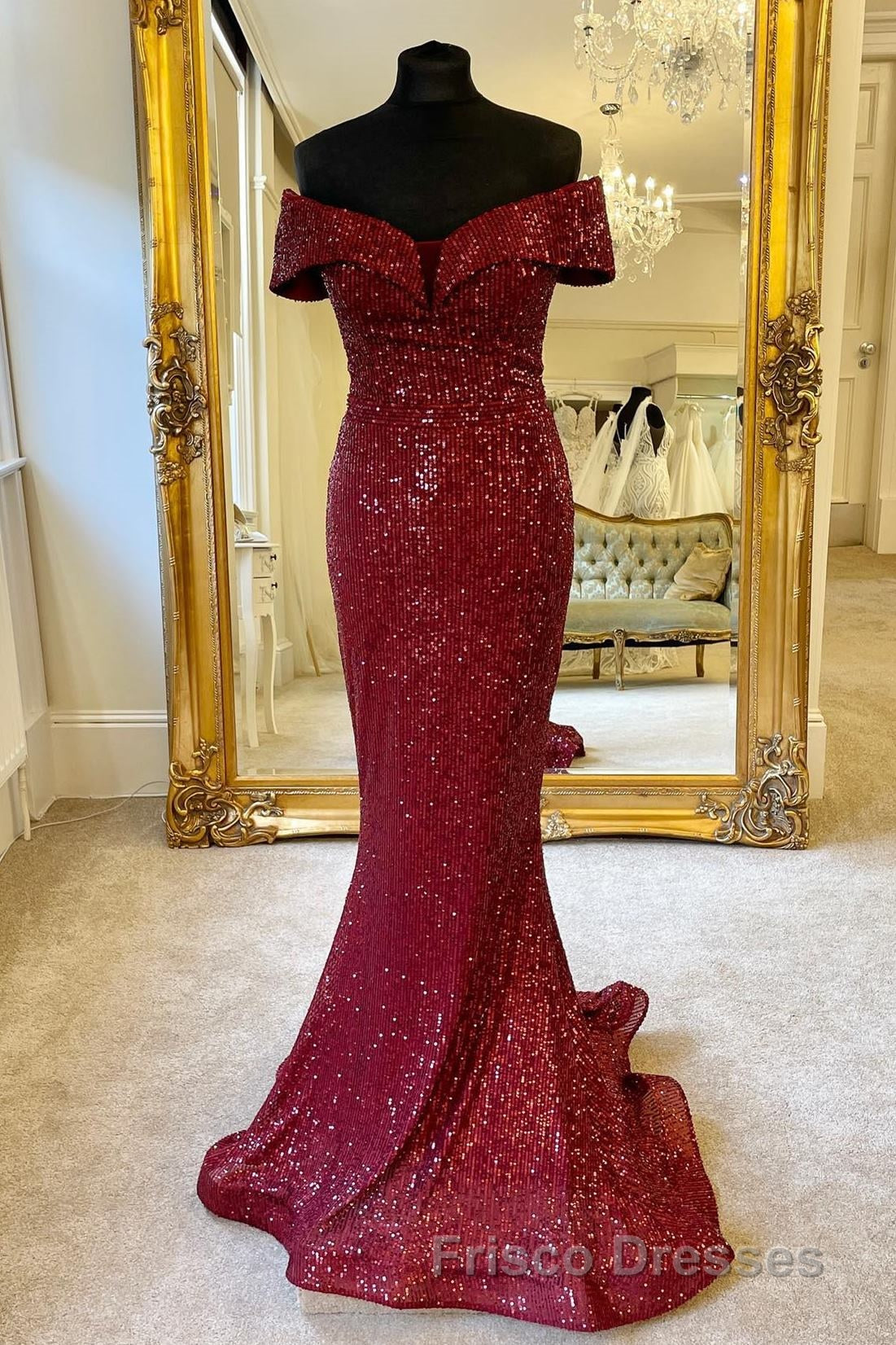 Off the Shoulder Burgundy Sequins Mermaid Long Formal Prom Dress