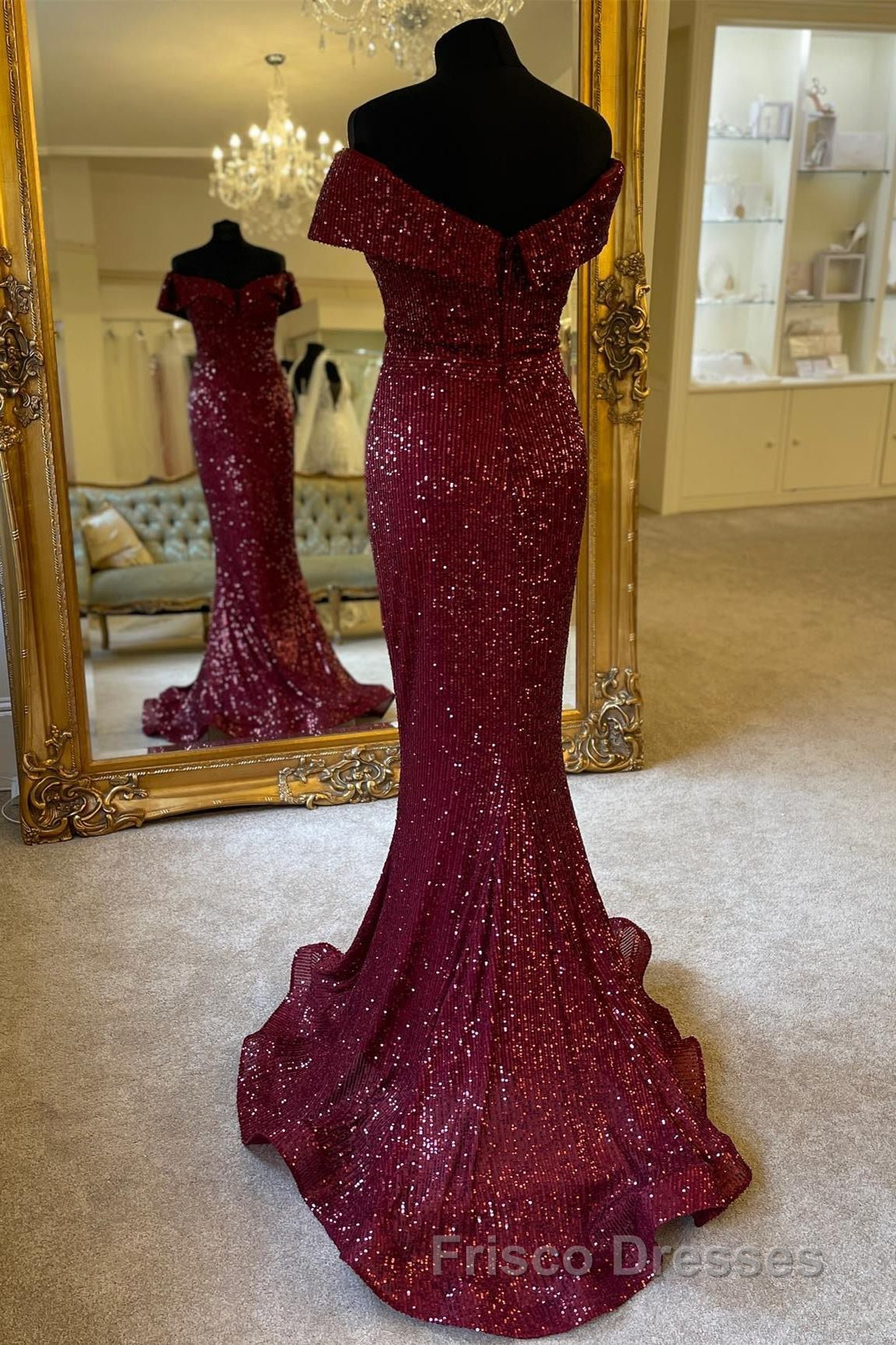 Off the Shoulder Burgundy Sequins Mermaid Long Formal Prom Dress