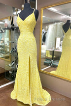 Mermaid Yellow Sequins Long Formal Prom Dress with Slit