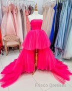 High Low Hot Pink Strapless Formal Prom Gown