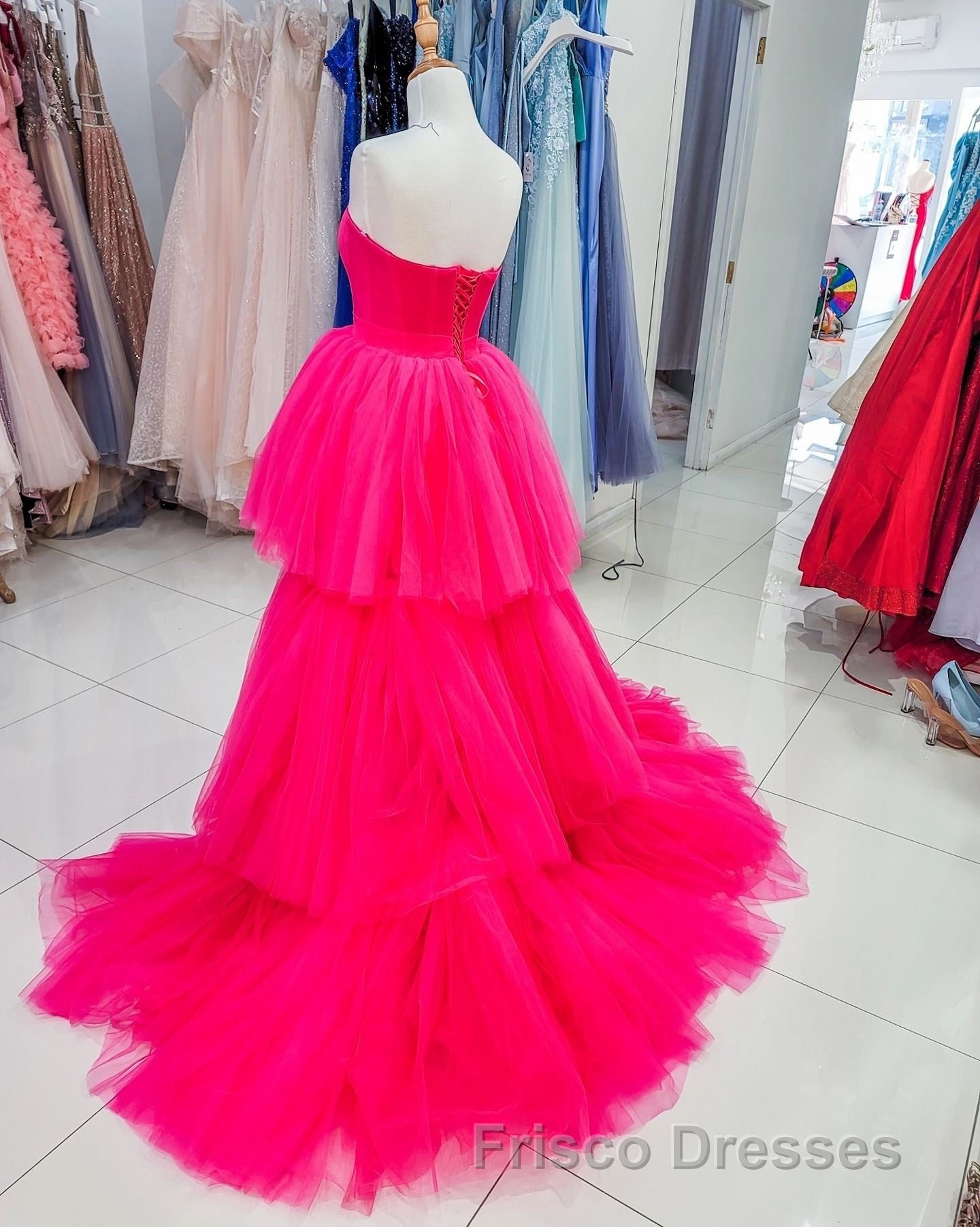 High Low Hot Pink Strapless Formal Prom Gown