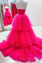 High Low Hot Pink Strapless Formal Prom Gown