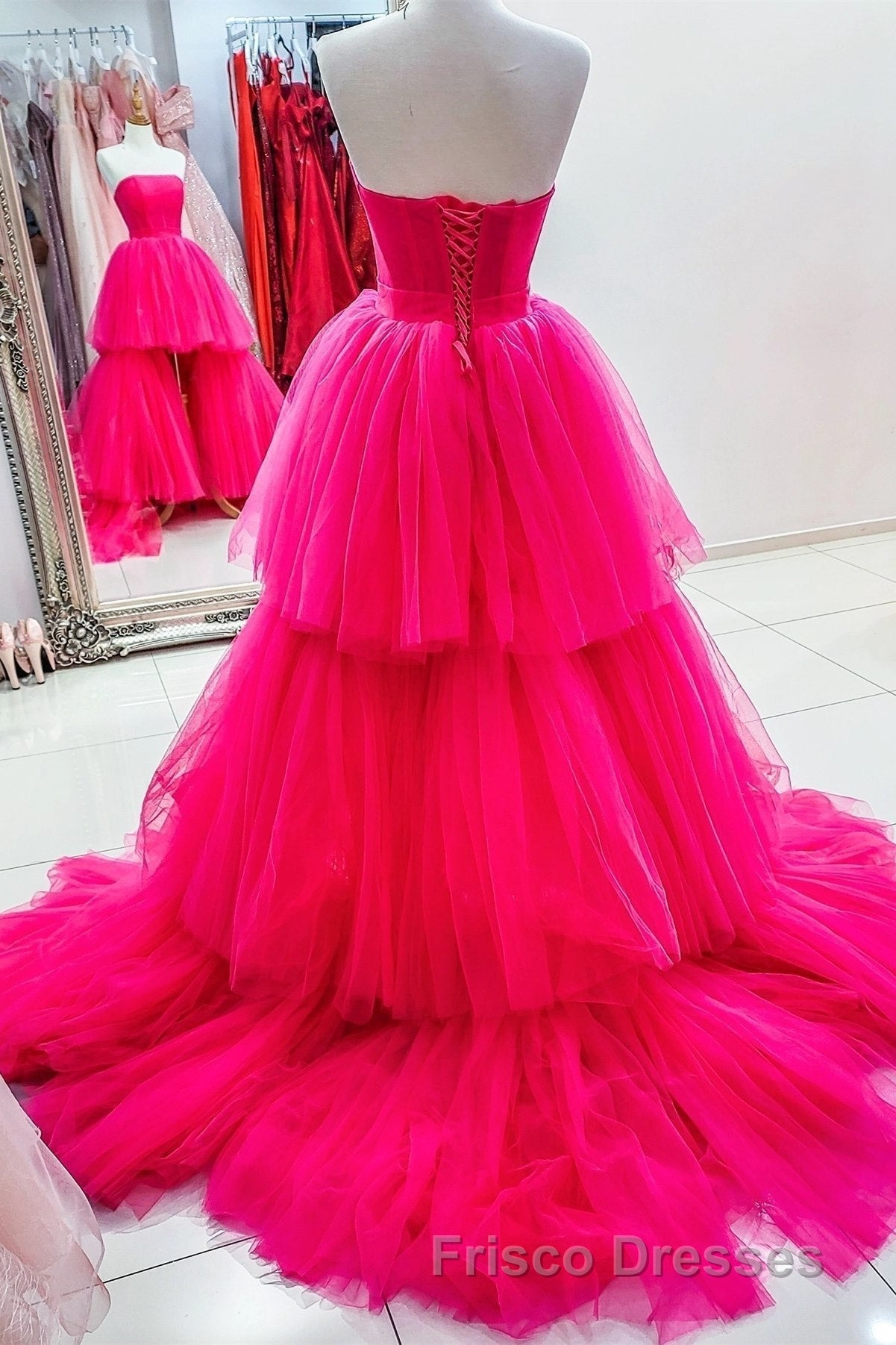 High Low Hot Pink Strapless Formal Prom Gown