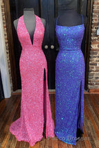 Simply Red Sequin Mermaid Long Formal Prom Dress with Slit