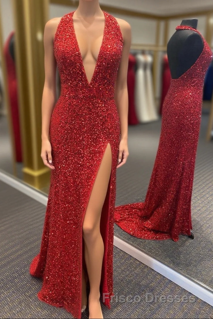 Simply Red Sequin Mermaid Long Formal Prom Dress with Slit Main image