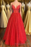 Sraps A-line Red Shiny Tulle Formal Prom Gown