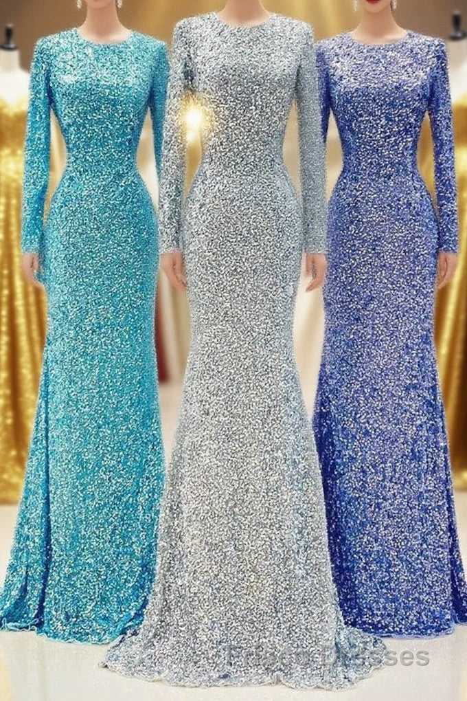 Modest Long Sleeves Sequins Mermaid Formal Prom Dress Main image