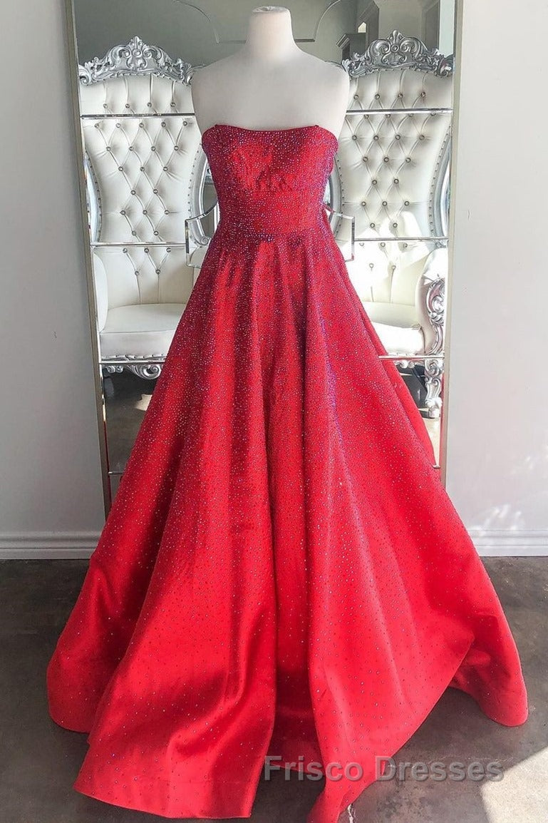 Strapless Red A-line Stunning Long Formal Prom Gown